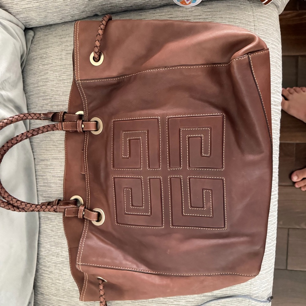 Brown Leather Givenchy Tote Bag with Green Striped Interior